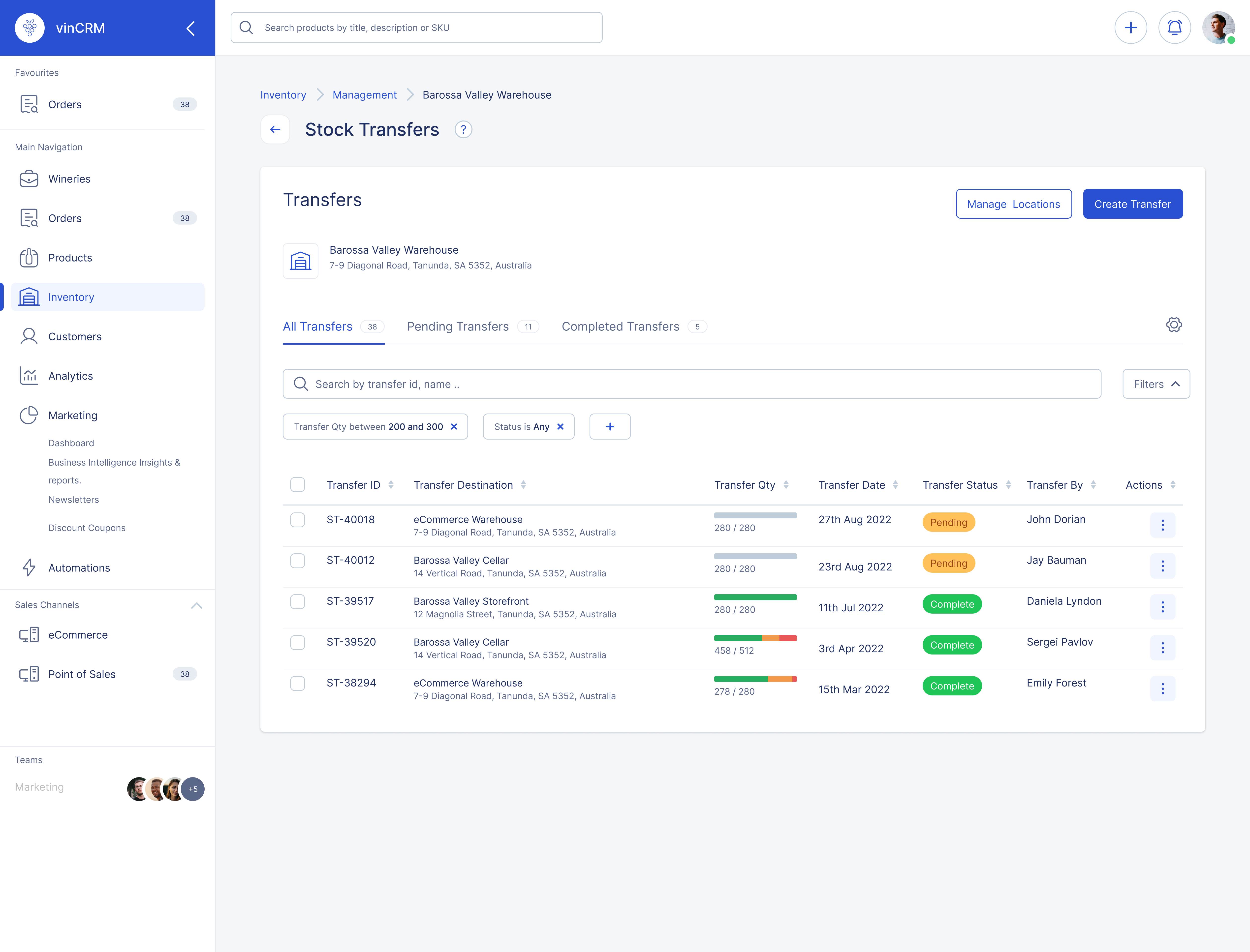 Inventory Management: Transfer List